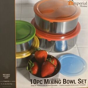 Imperial Home Stainless Steel Mixing Bowl Set with Colored Lids